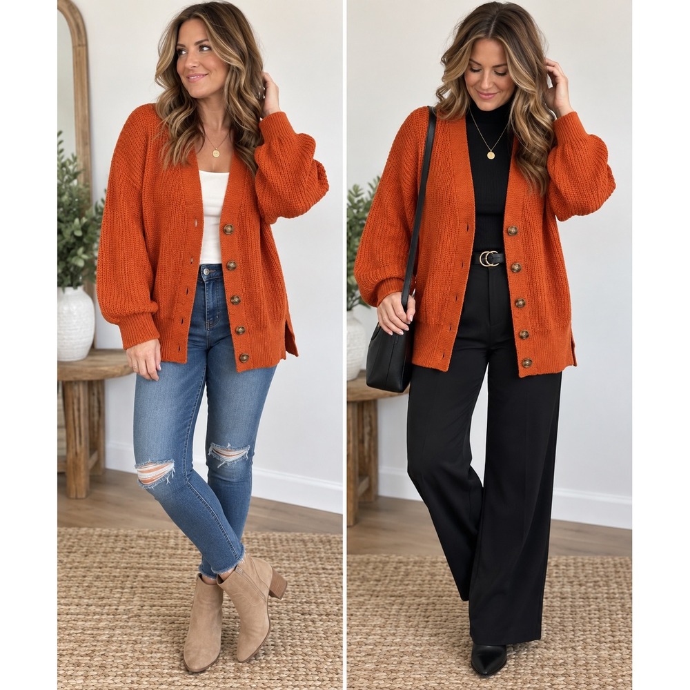 Women's Rust Orange Chunky Knit Button Front Cardigan Balloon Sleeve Size Small